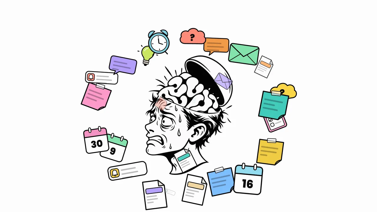 Hand-drawn head overwhelmed by notes, reminders and calendar icons, a still from the SecondBrain film